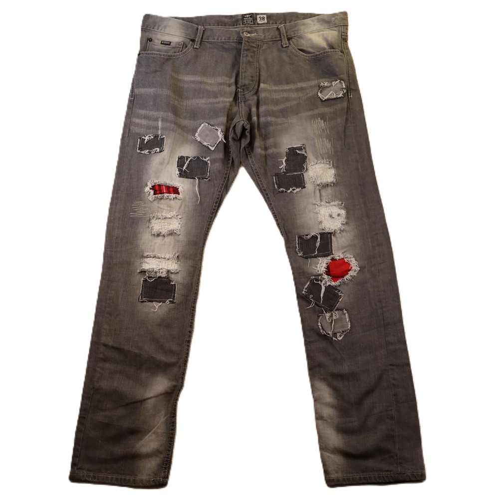 Born Fly Mens 38 Jeans Gray Distressed Patchwork Button Fly Straight Leg Denim